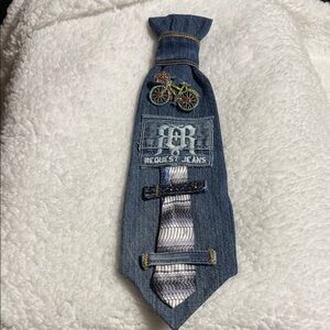 Denim Tie Necklace with Bicycle Pin - Blue